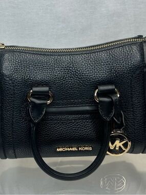 Michael Kors Black Pebbled Leather Satchel with Gold MK Charm